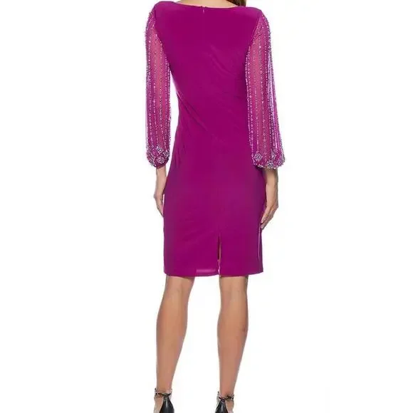 Marina Beaded Mesh Long Sleeve Side Drape Dress Size 8 - Picture 5 of 9